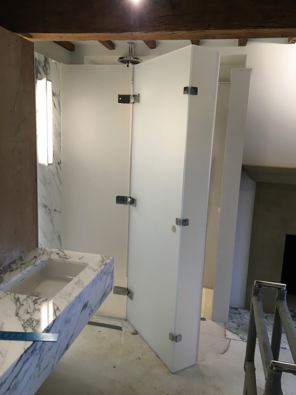 Bespoke frosted glass shower enclosure in Potters Bar luxury bathroom